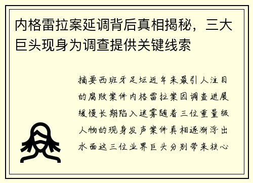 内格雷拉案延调背后真相揭秘，三大巨头现身为调查提供关键线索